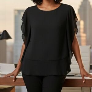 Laurie Felt Flounce Butterfly Black Chiffon Lined Blouse, Black, XS NWOT